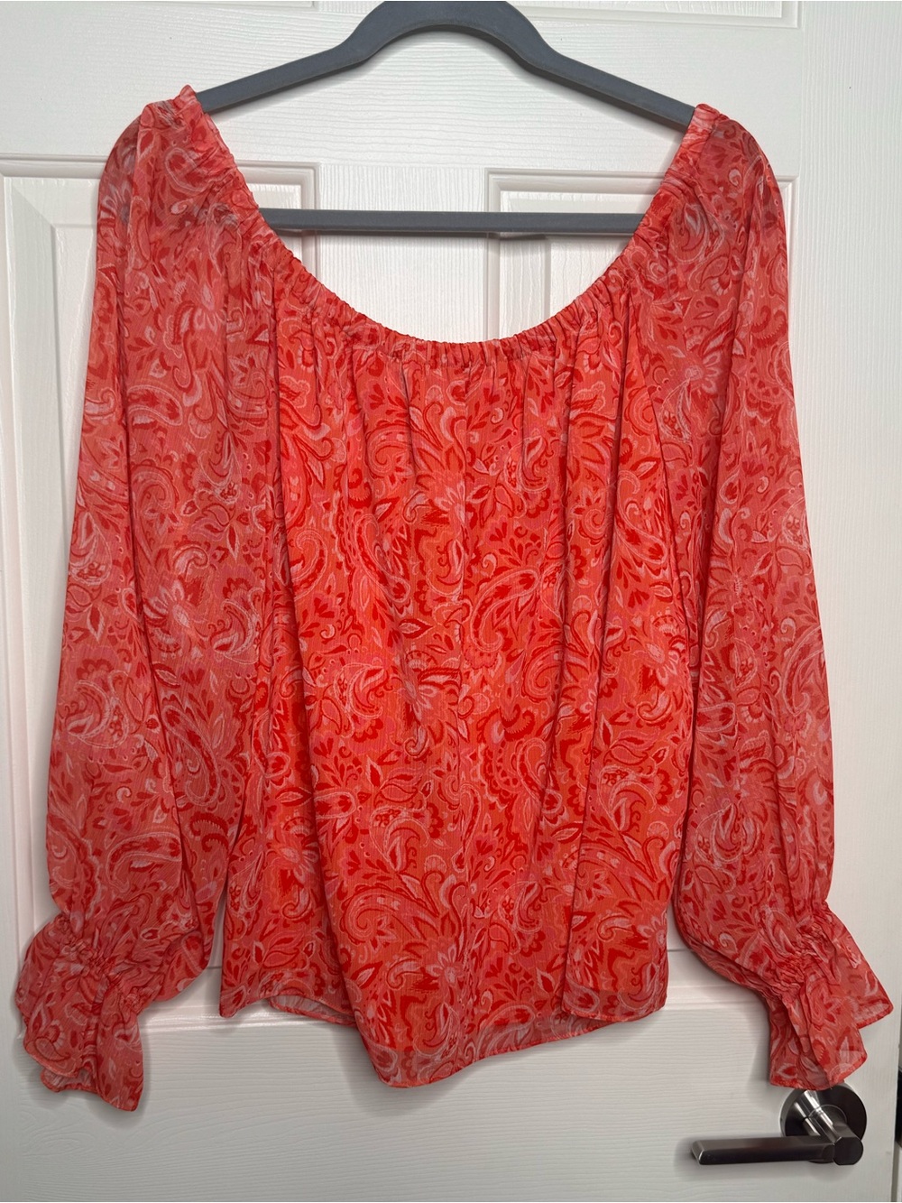 NWT Ramy Brook Red-Orange Print Long Sleeve Off Shoulder Blouse Top L